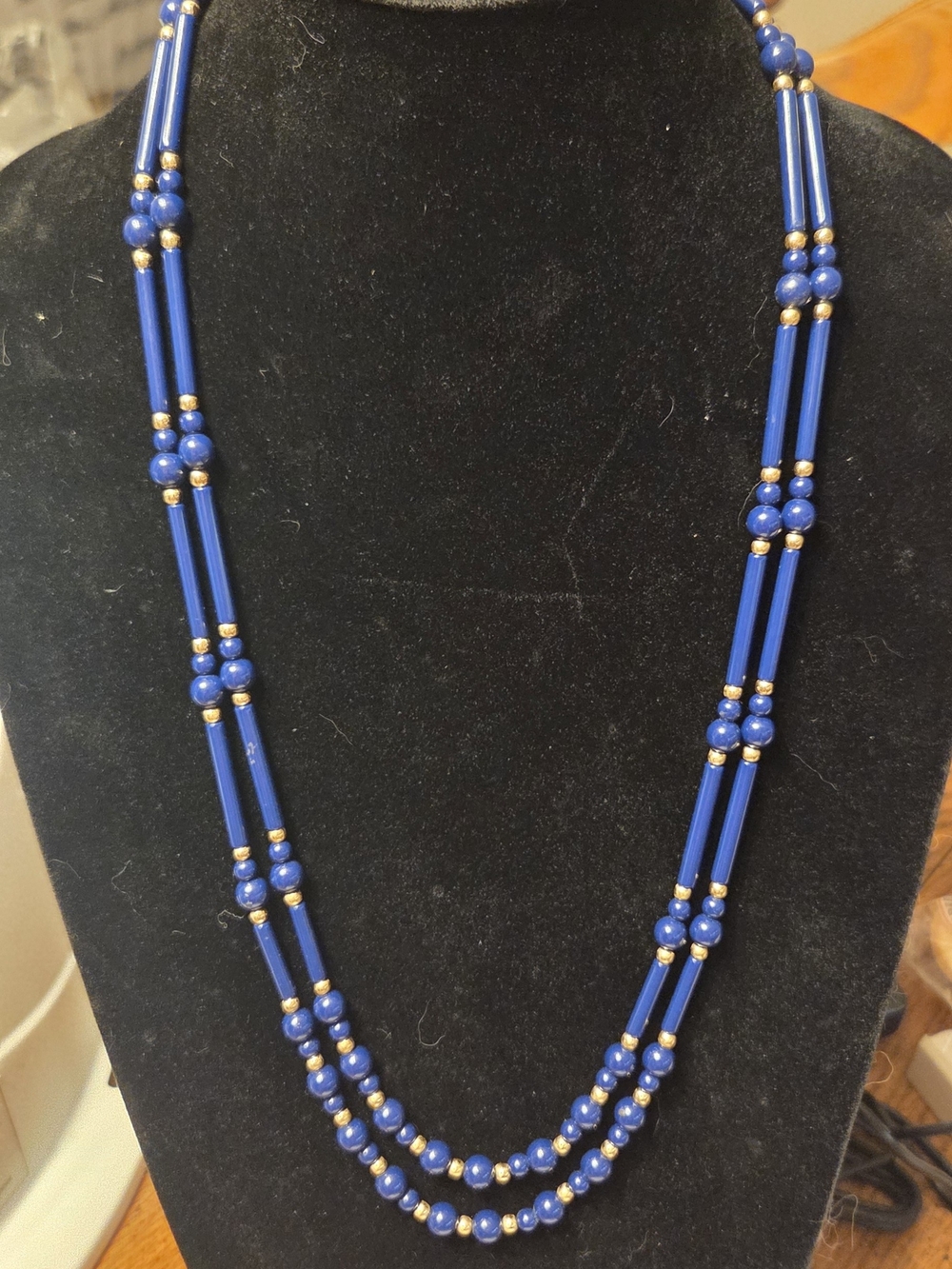 Vintage Trifari Double-Strand Navy Beaded Necklace with Gold Accents